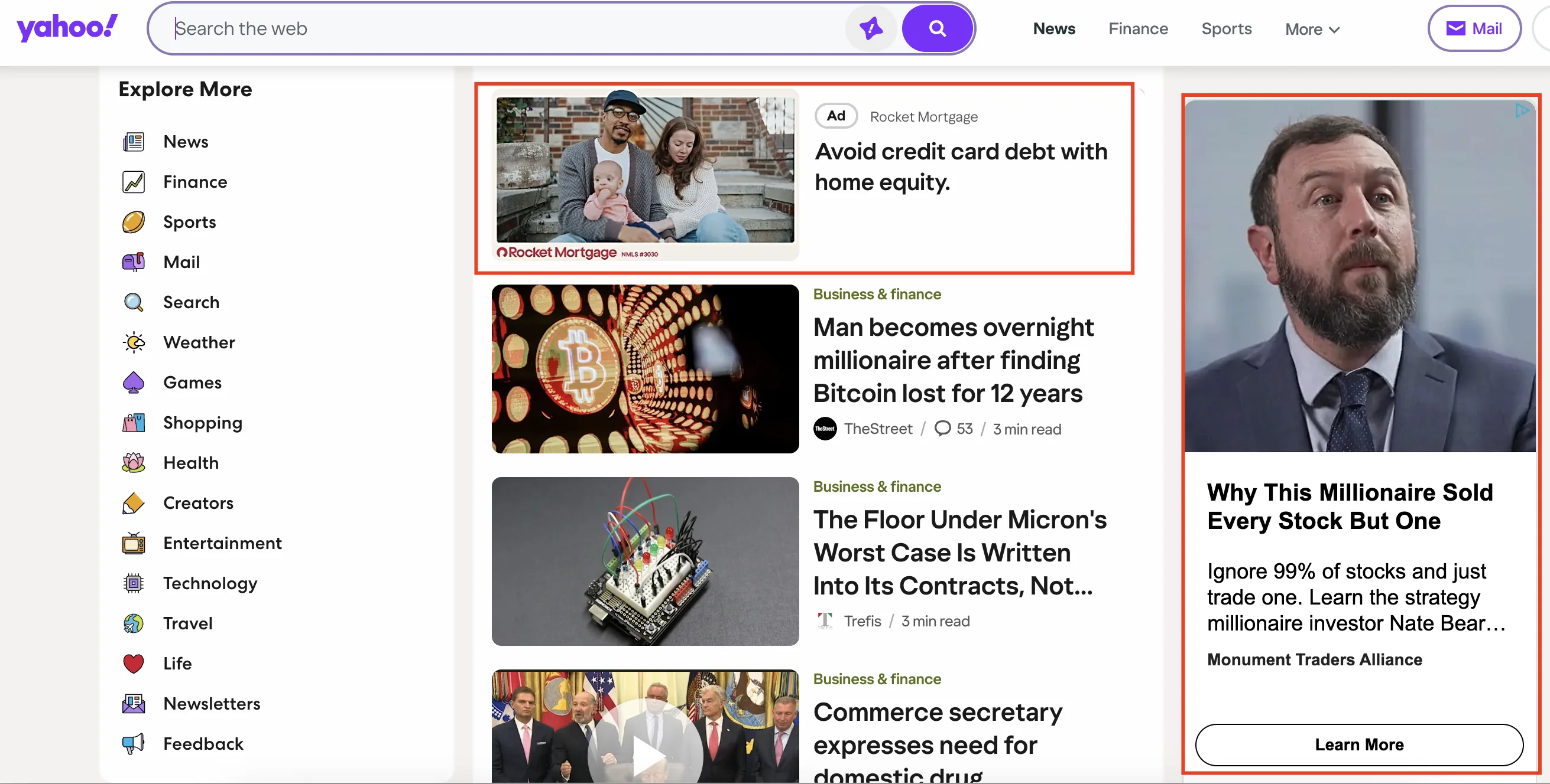 Native ads running inside Yahoo's homepage feed, shown alongside a sponsored display placement
